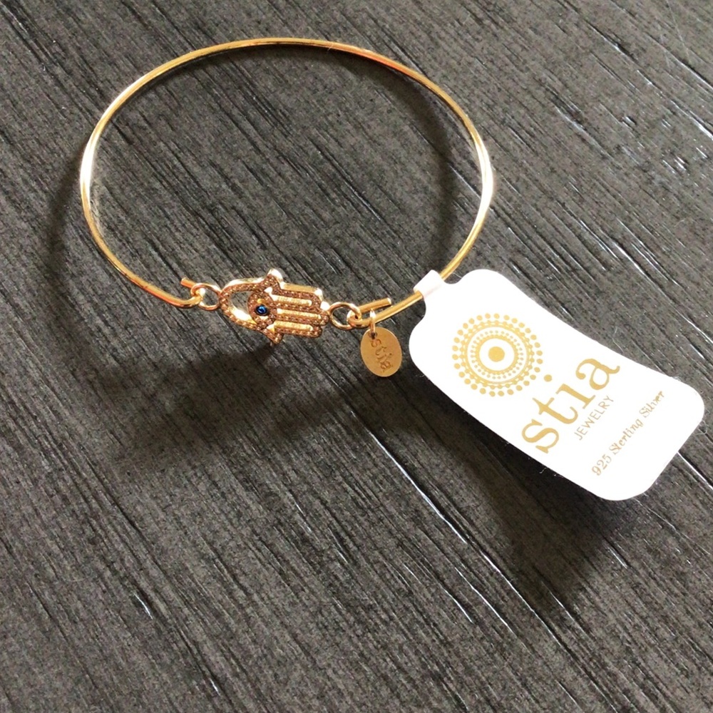 Stia Gold Hamsa Bangle Bracelet with Blue Stone